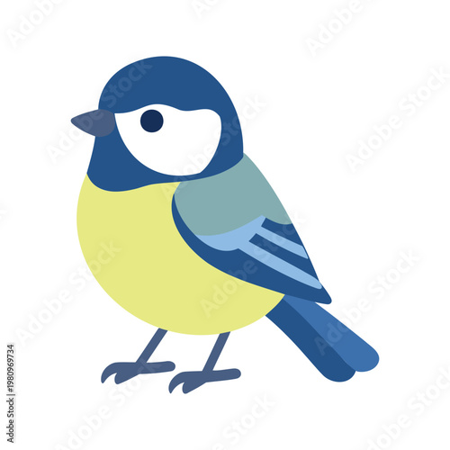 Illustration of a cute blue tit with its distinctive yellow and blue markings standing against white
