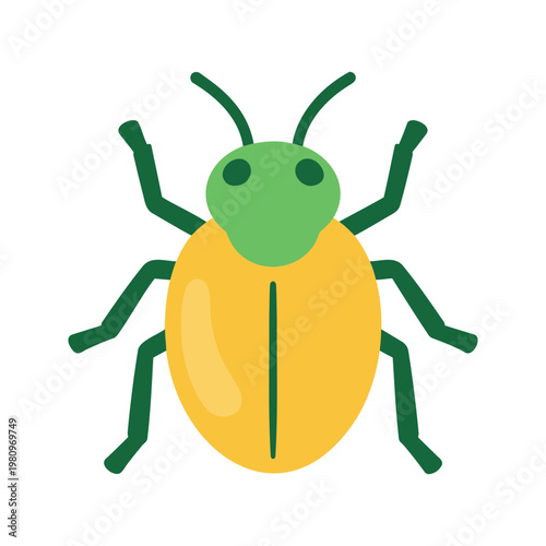 Simple cartoon illustration of a green and yellow beetle with long antennae on a white background