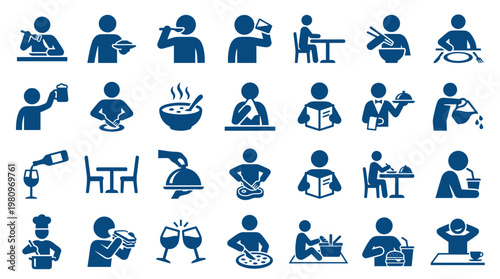 Collection of blue icons representing people eating drinking dining and enjoying meals in various restaurant and home settings