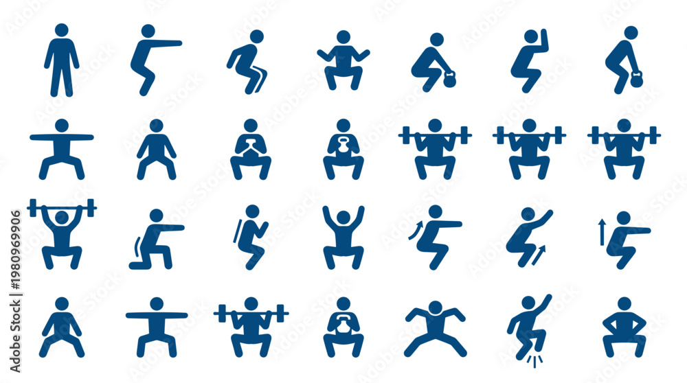Fototapeta premium Collection of blue human icons demonstrating various squat exercises and weightlifting movements for fitness and workout routines