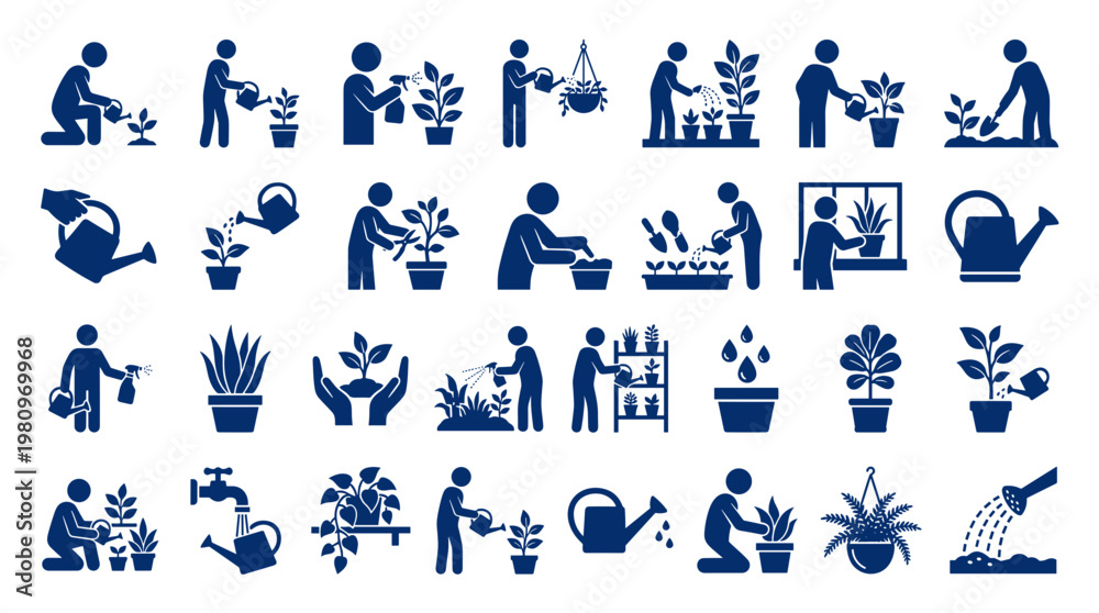 Fototapeta premium Collection of garden icons depicting plant care watering and gardening activities isolated on white background