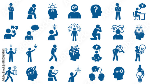 Collection of blue icons representing ideas innovation thinking problem solving creativity and strategy in business and personal development