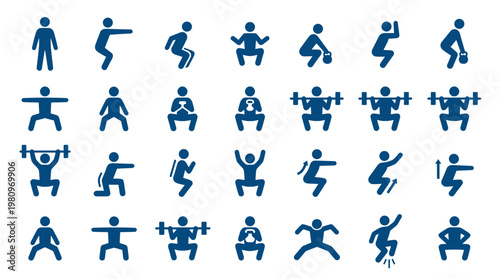 Collection of blue human icons demonstrating various squat exercises and weightlifting movements for fitness and workout routines