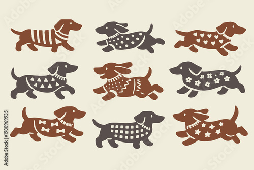 Dachshund dog set folk naive vector illustration