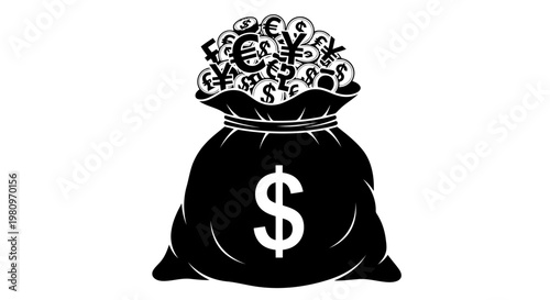 overflowing money bag with dollar bills spilling out on white background