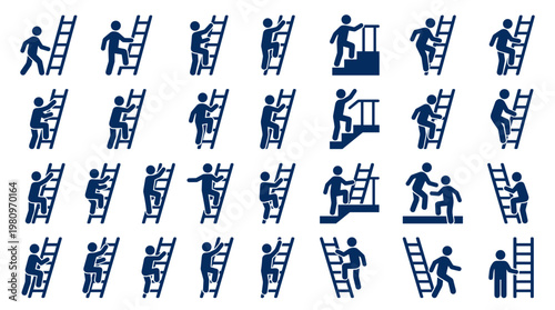 Collection of blue silhouette icons depicting people climbing ladders representing progress growth success teamwork and career advancement opportunities