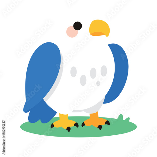 Stylized cartoon illustration of a bald eagle perched on green grass in a simple design