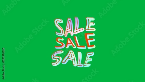 Animation of colorful, moving and glowing sale text on white background