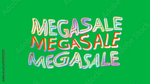 Animation of colorful, moving and glowing mega sale text on white background
