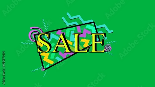 Animation of sale text in yellow letters and colorful graphics on white background