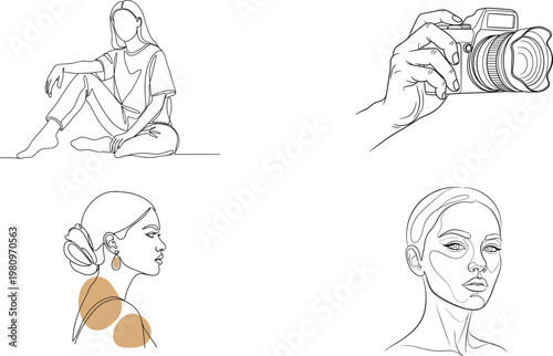 Continuous Line Art Bundle – Woman Sitting, Hand Holding Camera, Female Portrait and Beauty Face Minimal One Line Drawing Vector Set
