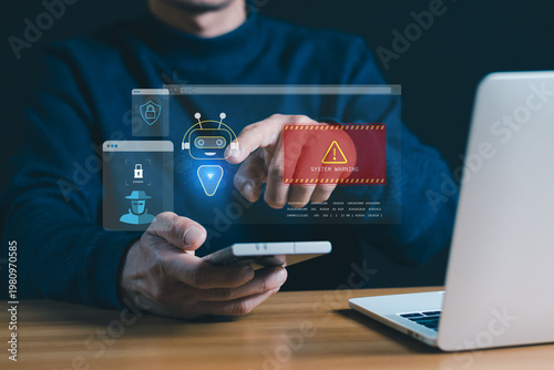 AI Cybersecurity System Warning on Smartphone – Data Protection, Hacking Threat and Digital Security Technology Concept
