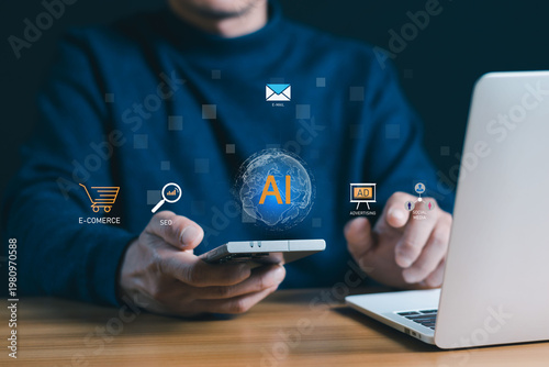 AI Digital Marketing Automation with Smartphone – E-commerce, SEO, Advertising and Social Media Technology Concept