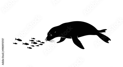 sea otter swimming with fish school in ocean silhouette minimalist art