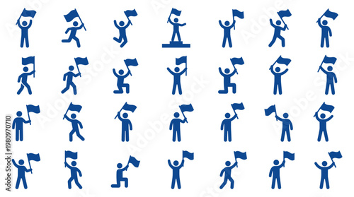 Collection of blue stick figure icons celebrating success with flags and trophies on a white background representing achievement and victory in business and sports