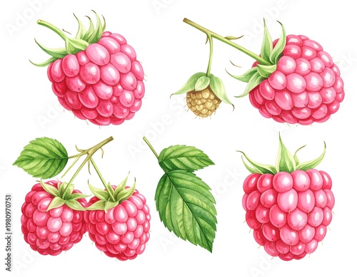 Watercolor style painting of ripe raspberries with green leaves on a white background