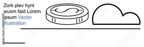 Cloud computing, digital currency, online transactions, fintech innovation, data storage, virtual assets. Coin and cloud symbol in minimalistic style. Cloud computing and online transactions