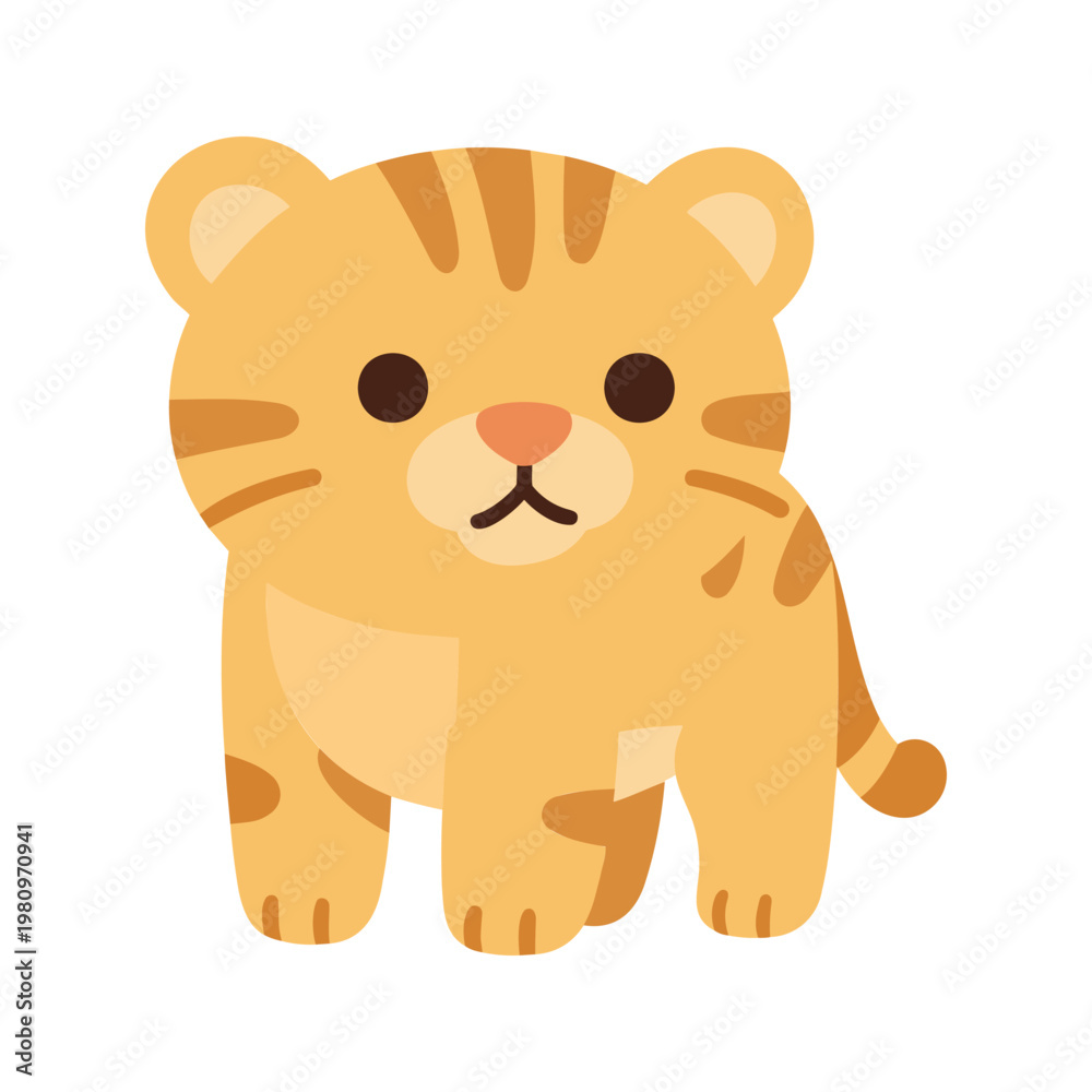 Fototapeta premium Cute cartoon tiger cub standing on a white background looking straight ahead