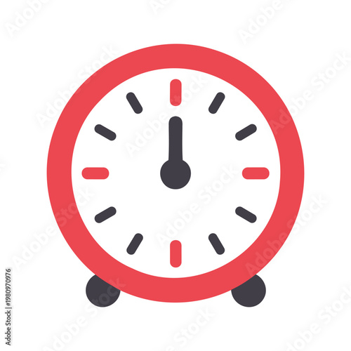Red alarm clock shows noon, indicating deadline or midday time concept for presentations
