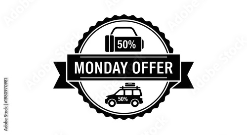 50 percent discount Monday sale badge with shopping cart and delivery van icons
