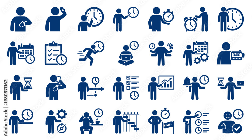 Fototapeta premium Collection of blue icons representing time management concepts like planning scheduling deadlines productivity and efficiency in business and personal life