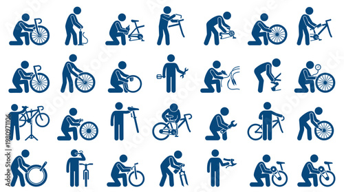 Collection of blue stick figure icons illustrating various bicycle repair and maintenance tasks on a white background