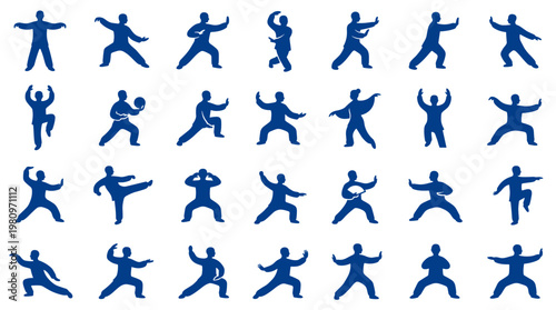 Collection of Silhouettes Demonstrating Diverse Tai Chi Movements and Martial Arts Poses in a Dynamic Display