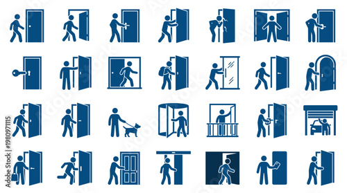 Collection of door icons representing entry exit movement and access in various scenarios with people and objects