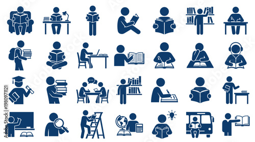 Collection of diverse icons representing reading education learning and knowledge acquisition in various settings and activities