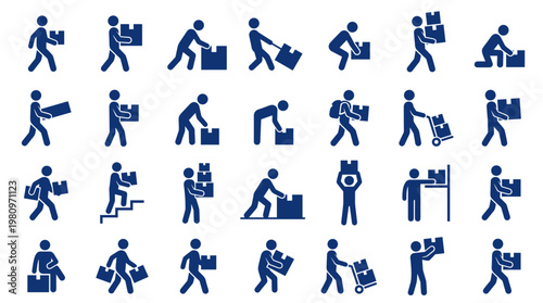 Collection of blue pictogram icons illustrating various ways people lift and carry boxes and packages, representing logistics and delivery services.