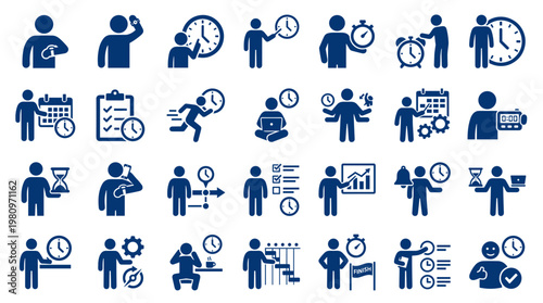 Collection of blue icons representing time management concepts like planning scheduling deadlines productivity and efficiency in business and personal life