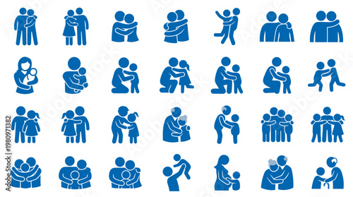 Collection of blue icons representing family love and support, showing parents hugging children, couples embracing, and diverse family units in a clean graphic style