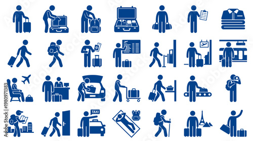 Collection of blue travel and airport icons depicting people with luggage, transportation, and travel services for vacation and business trips