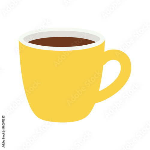 Coffee is in a yellow cup with a handle, and the mug has a white interior rim on a stark white backdrop.