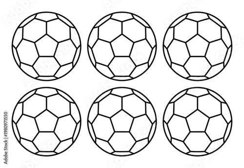Soccer ball vector icon set, six black and white footballs, outline sport equipment graphic, team game element for web design and print media