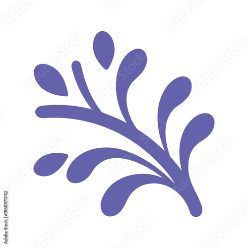 This is a stylized illustration of a botanical element featuring a stem and rounded leaves, rendered in a single shade of purple and set against a
