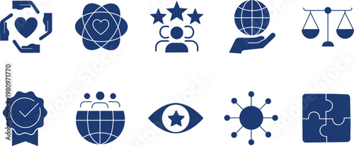 Corporate social responsibility icons, set of 10 navy blue business ethics and sustainability symbols, environmental and social governance vector elements