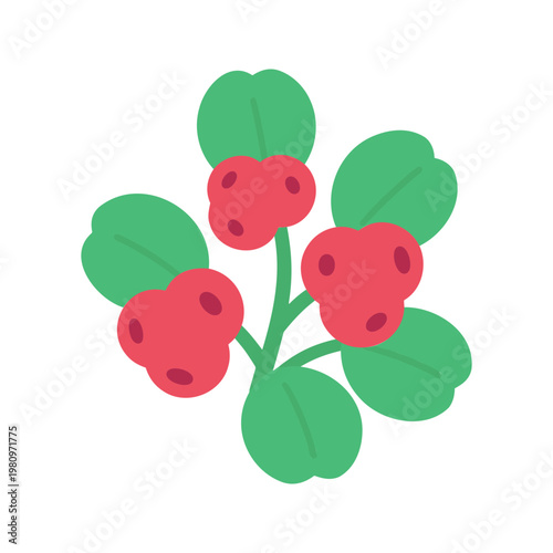 Stylized lingonberry plant features bright green leaves and red berries