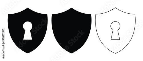 Cybersecurity shield vector icon set, digital data protection symbol, internet security and privacy graphic element. Modern black and white lock and shield icons for web design and mobile apps.