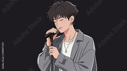 Anime Boy Singing with Microphone