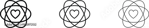 Minimalist atom heart icons set, science of love vector symbols, geometric nucleus with heart shape, black line art for healthcare and chemistry