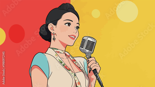 Retro-style woman with microphone singing