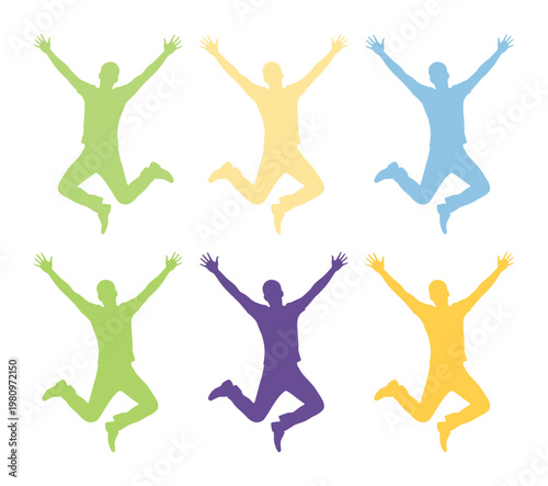Joyful jumping people silhouettes, vibrant colorful figures expressing freedom and happiness, dynamic human vector collection for celebration and success concepts