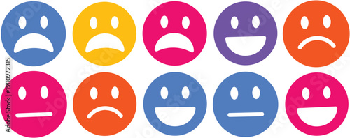 Colorful Emoticon Set, 10 Vector Faces Expressing Diverse Emotions. Happy, Sad, Neutral Feedback Icons for Customer Satisfaction Surveys, User Experience, and Mood Tracking.