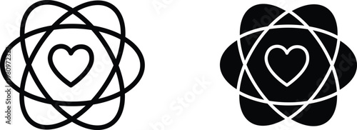 Minimalist atom heart icons, scientific core with heart symbol vector, black and white atomic energy and love concept illustrations
