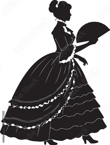 Silhouette of an elegant 1800s woman in a grand royal fashion dress holding a fan, showcasing historical elegance.