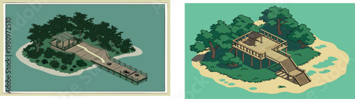 Landscape architecture and urban park collection, scenic views of gardens, riverside promenades, and city green spaces, vector