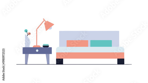 A serene background with a pexels-style illustration of a bed and nightstand