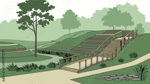 Landscape architecture and urban park collection, scenic views of gardens, riverside promenades, and city green spaces, vector