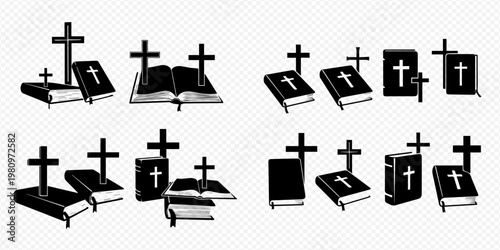 Set of Christian religious symbols: Bible books and crosses in various compositions, black silhouettes on transparent background.